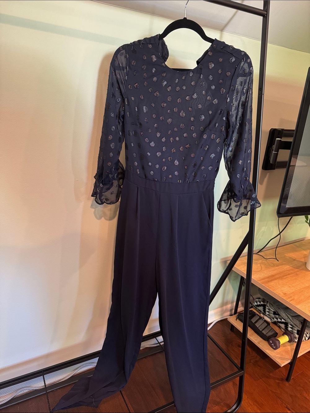 Navy Sheer Polka Dot Jumpsuit with Ruffle Cuffs